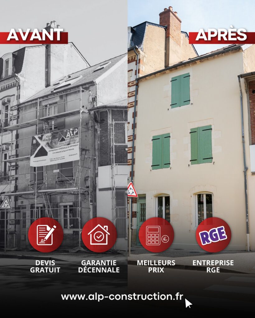 Façades avant et après ravalement à Nevers, archives ALP Construction.